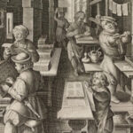 Detail of a woodcut showing a Flemish book printing shop during the Renaissance.