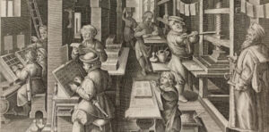 Detail of a woodcut showing a Flemish book printing shop during the Renaissance.